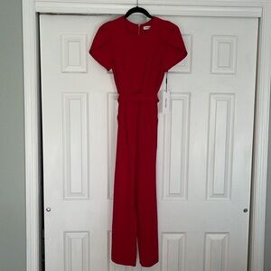 Calvin Klein Belted Short Sleeve Jumpsuit in Red w Gold Zipper & Pockets